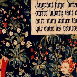 Middelalderlig Amazon Queen Millefleurs Vægtapet — Navy Floral Warrior | MEV012