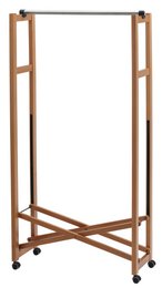 Wooden clothing rack with metal frame and wheels for easy mobility. Suitable for hanging coats, jackets, and other garments. Compact and versatile design.