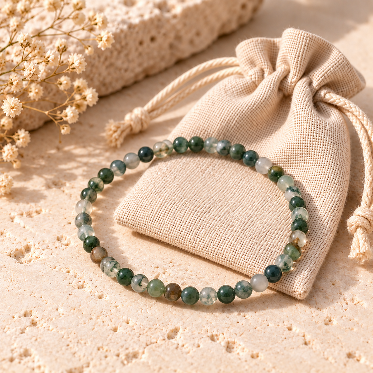 Bracelet en pierres précieuses d’agate mousse | Pierre Naturelle | Pochette cadeau (perles de 3 mm)