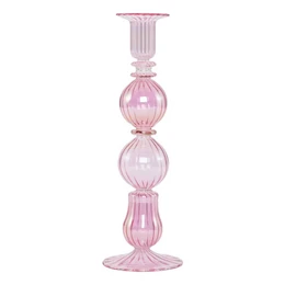 Tall, round pink glass candlestick with a flared base and decorative details. Suitable for use with pillar candles.