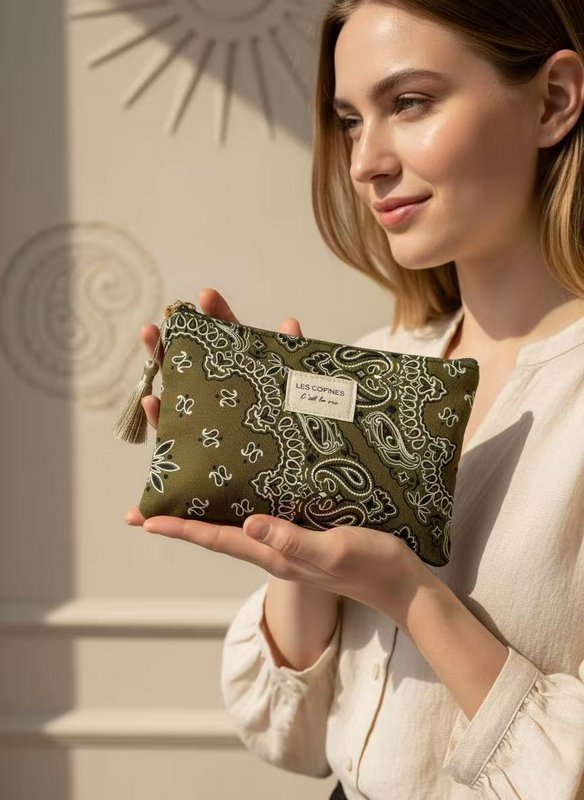 Neceser estuche 14x20 cm estampado paisley inscripción Les Copines C’est la vie