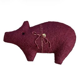 Burgundy wool felt pig, handmade, standing decoration, soft plush animal ornament, festive home decor.