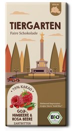 Organic and fair-trade chocolate bar with 70% cocoa and goji, hibiscus, and rose hips flavors.