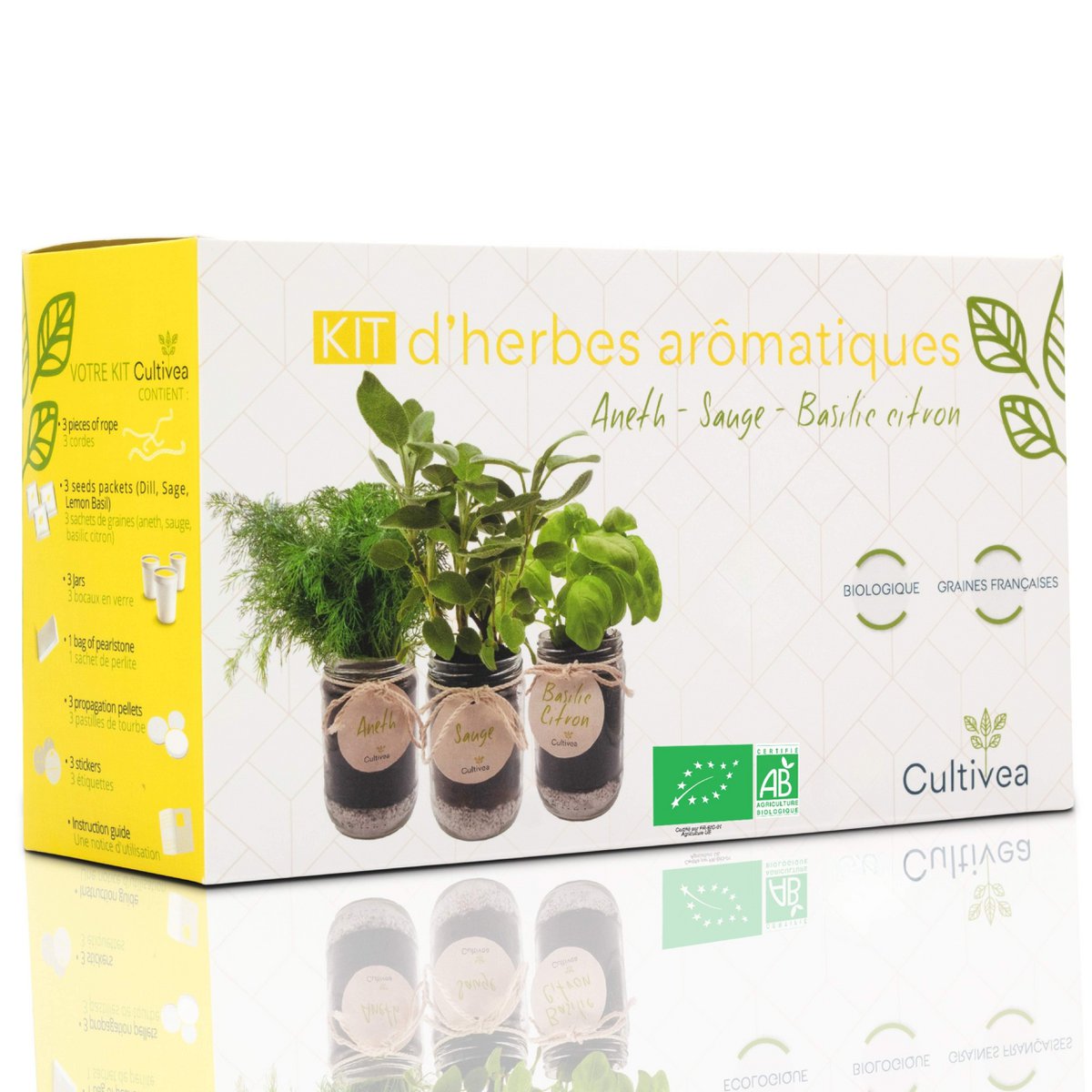 CULTIVEA® Organic* Aromatische kruidenset voor binnen – Dille, salie en citroenbasilicum om te kweken – Mini moestuin voor binnen met glazen potten – Kit voor aromatische planten – Cadeau-idee