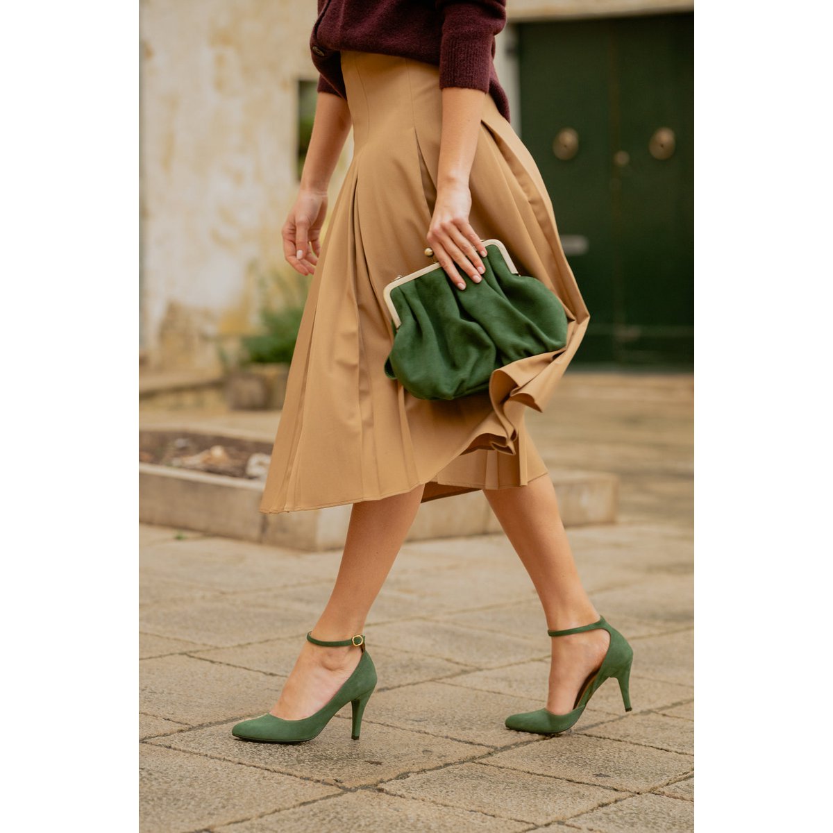 Handgemaakte Suède hakken (8 cm) - Vivienne - Groene Vintage Schoenen 35-42