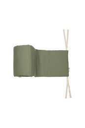 Olive green decorative pillow with tasseled edges, suitable for a child's bedroom.