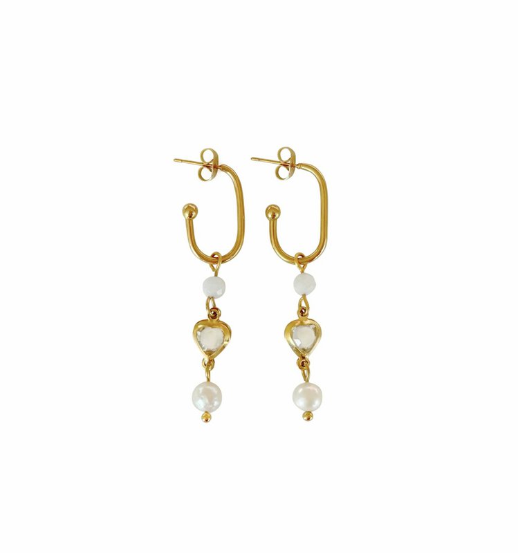 Crystal heart, moonstone and pearl earrings - gold