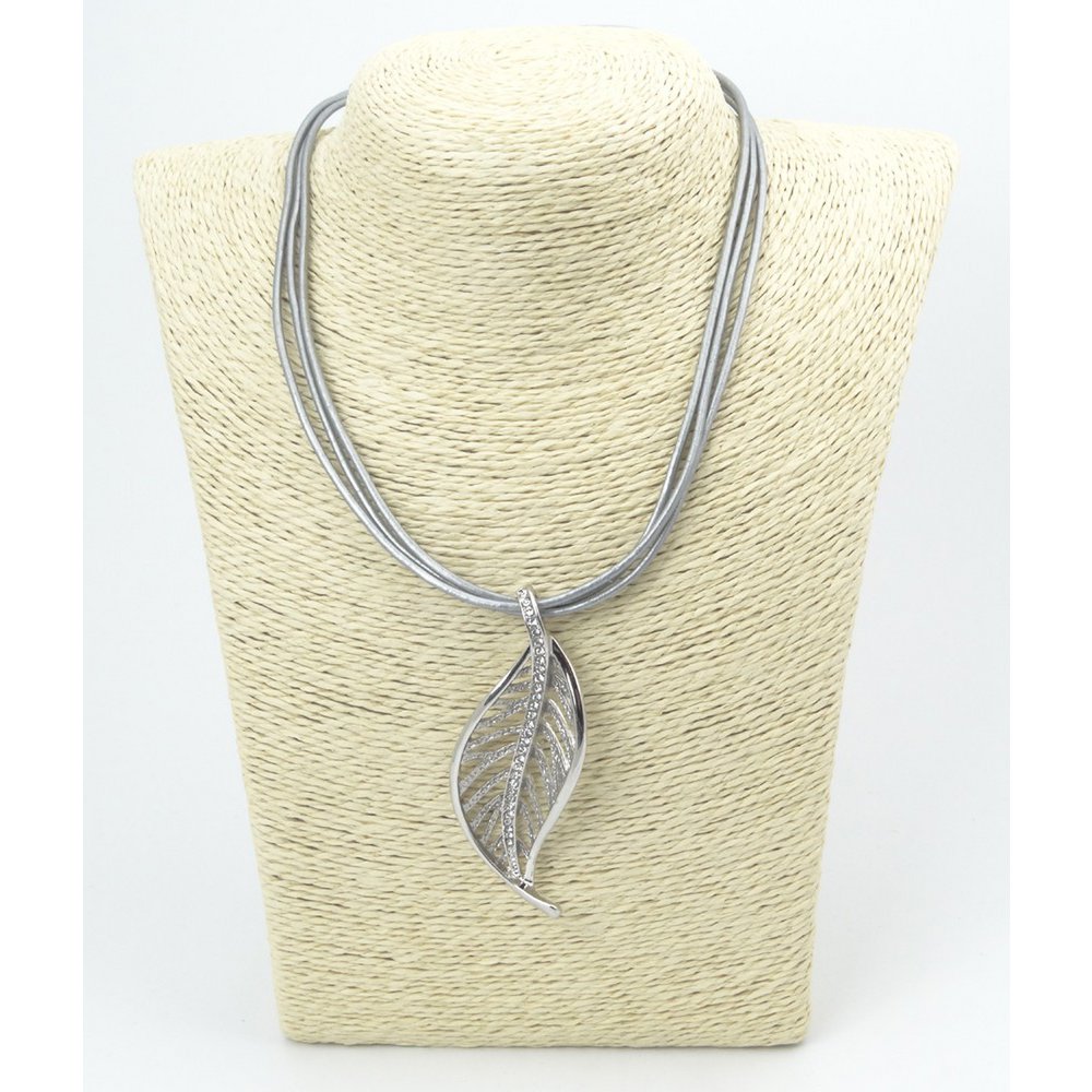 Gray leather necklace with leaf pendant