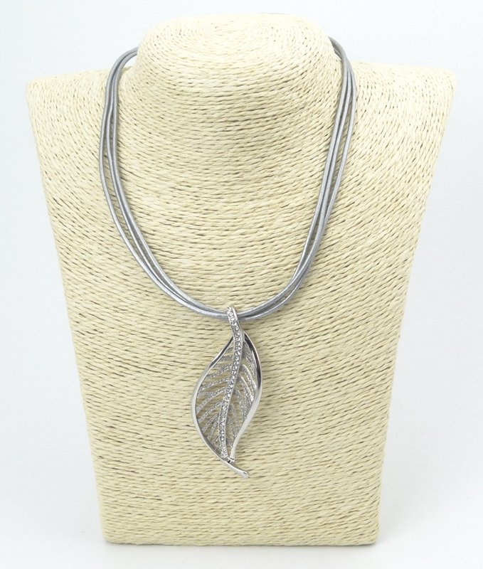 Gray leather necklace with leaf pendant