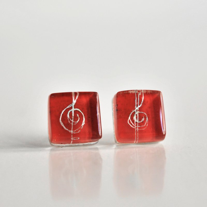 Orecchini a bottone con chiave di violino rossi, vetro e argento sterling 925, oggetto regalo a tema musicale