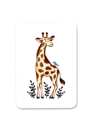 Colorful giraffe illustration on a greeting card with a simple, minimalist design.