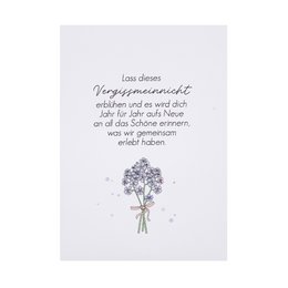 Delicate blue forget-me-not flowers in a bouquet, with a poetic German description on the packaging. This flowering plant seed packet is perfect for creating beautiful garden displays and cherished memories.