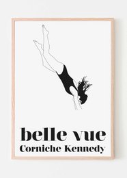"Poster featuring a silhouette of a woman diving, with the text 'belle vue Corniche Kennedy'. Available in multiple sizes."
The poster features a minimalist black and white design showcasing the silhouette of a woman diving. The text "belle vue Corniche Kennedy" is prominently displayed, indicating this is likely a poster or artwork related to the Corniche Kennedy location. The poster is available in multiple size variants, including 21x29.7 cm, 30x40 cm, 50x70 cm, and 70x100 cm.