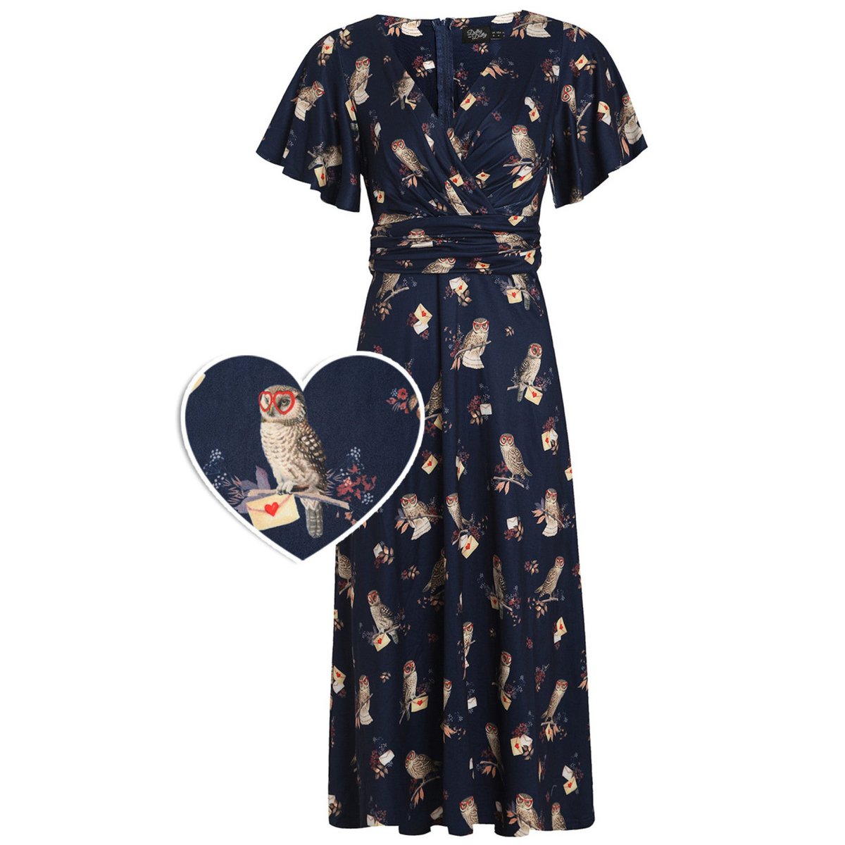 EU STOCK Kleid mit Blütenblattärmeln von Donna in Marineblau und Eulenmuster
