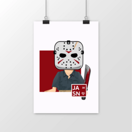 A poster featuring a cartoon illustration of the iconic horror movie character Jason Voorhees from the Friday the 13th franchise. The image shows Jason wearing his signature hockey mask and holding a machete, with the text "JASON" displayed prominently.