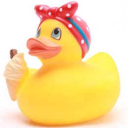  Turquoise rubber duck with a wave pattern design, suitable for use in a child's bath.