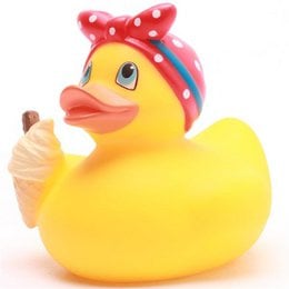 Turquoise rubber duck with a wave pattern design, suitable for use in a child's bath.