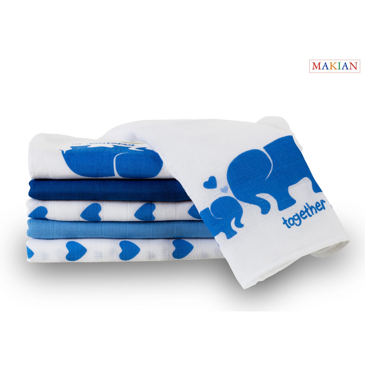 Makian Hydrophile Windeln -80x80cm-Set mit 6 Stück-Öko-Tex geprüft-100% Baumwolle-Blau/Elefant