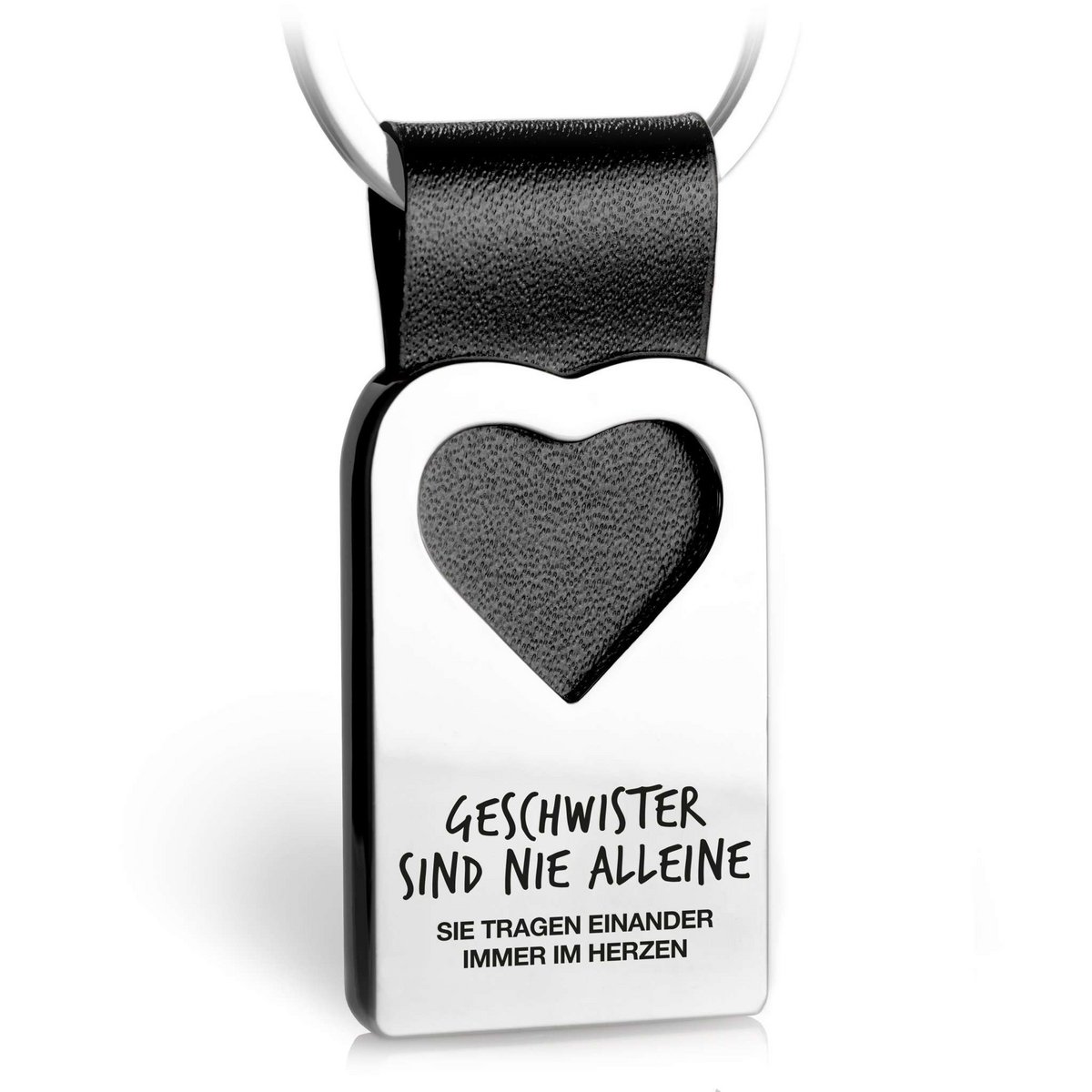 "Siblings are never alone" hartvormige sleutelhanger met gravure gemaakt van leer