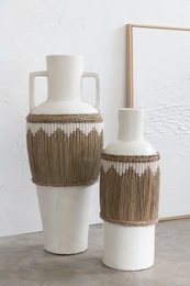 J-Line Vase+Poignées Motif Terre Cuite/Herbe Blanc/Naturel