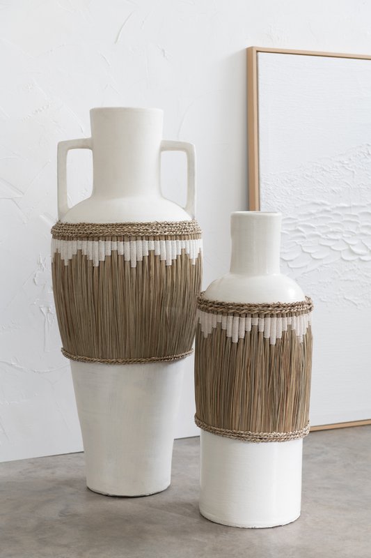 J-Line Vase+Poignées Motif Terre Cuite/Herbe Blanc/Naturel
