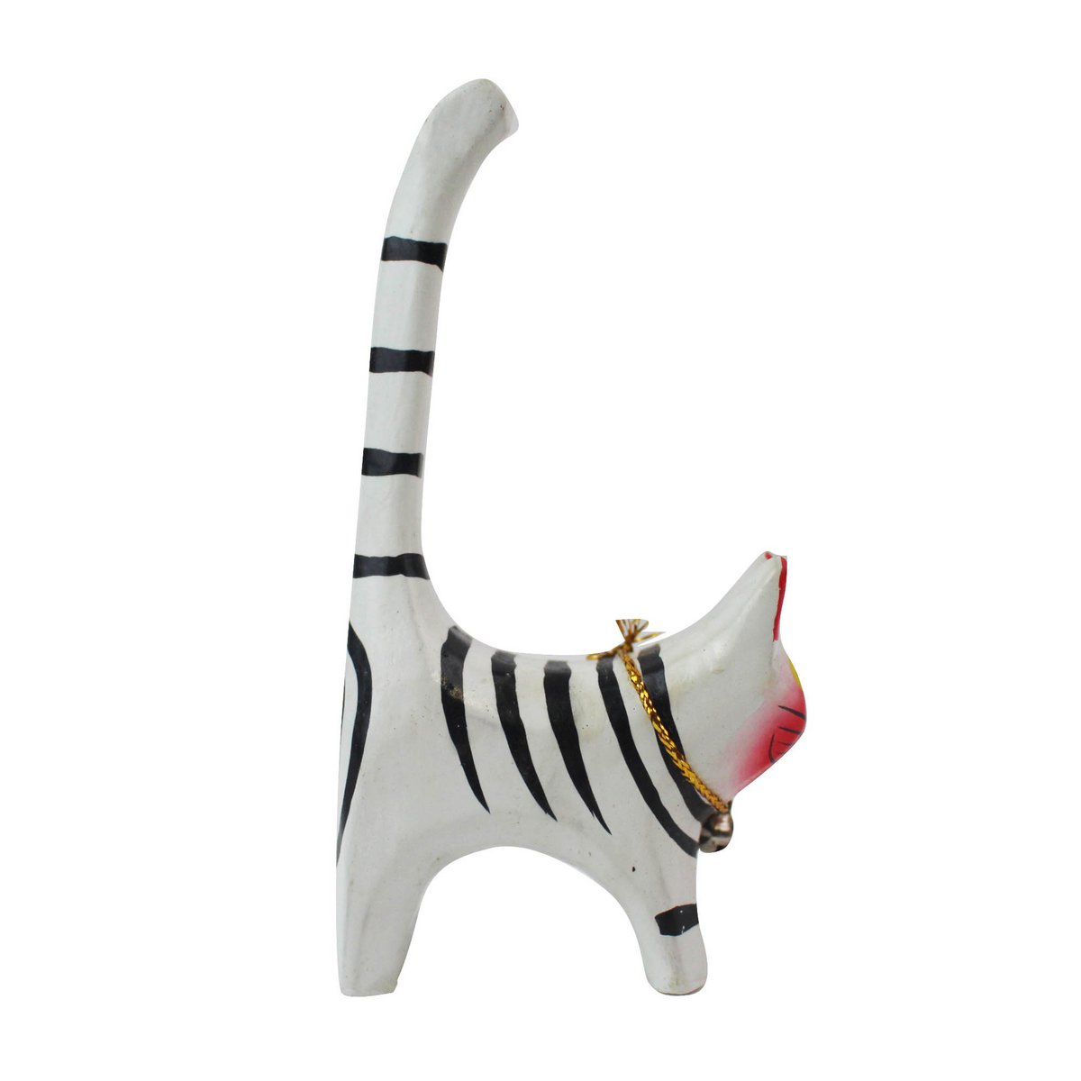 Handmade ring holder cat made of wood colored yellow white