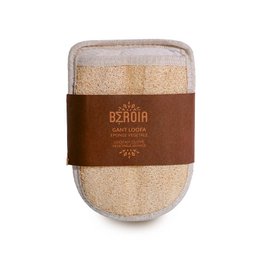 Loofah glove made of natural materials, featuring a beige and brown color scheme. Designed for exfoliating and cleansing the skin.