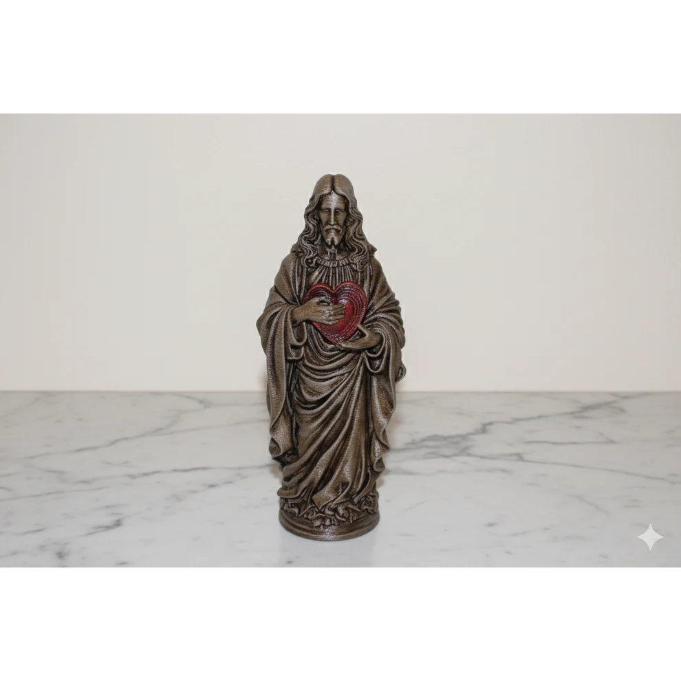 Figurine du Sacré-Cœur de Jésus – Finition Bronze Peinte à la Main