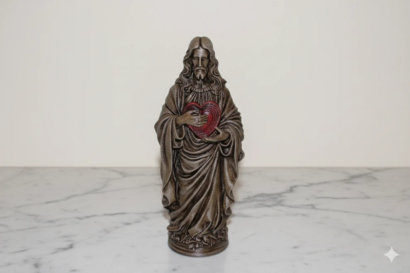 Figurine du Sacré-Cœur de Jésus – Finition Bronze Peinte à la Main