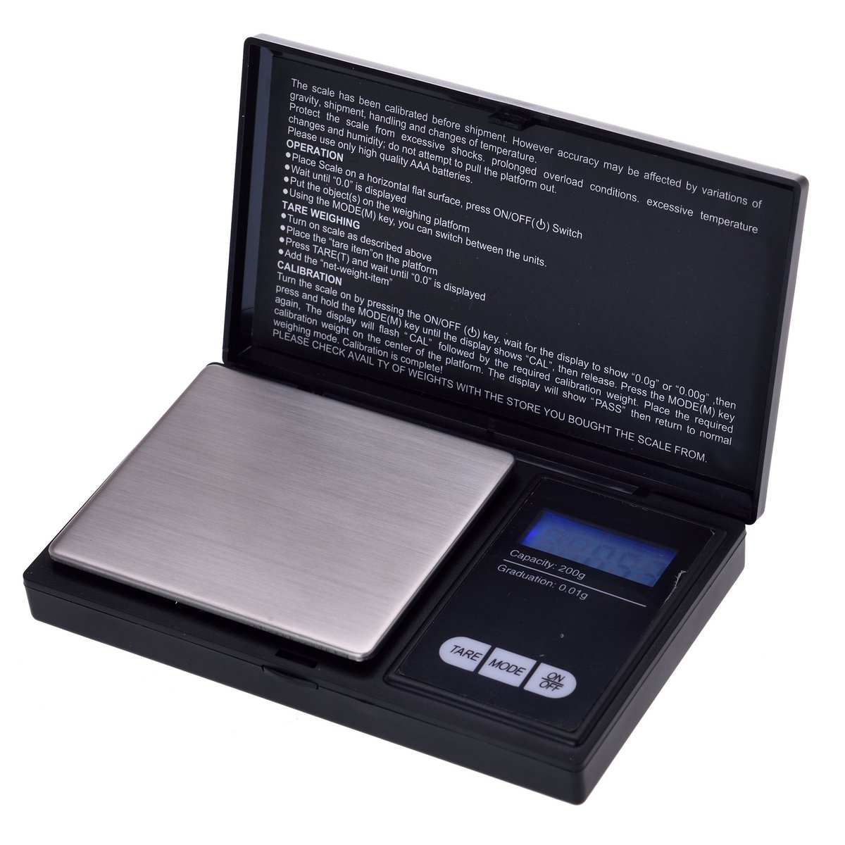Elektroniczna waga kieszonkowa - Do 200 g - Dokładność 0,01 g - Mała waga do biżuterii, herbaty, gotowania, tytoniu itp. - Z podświetlanym ekranem LCD - Czarny - Pudełko upominkowe