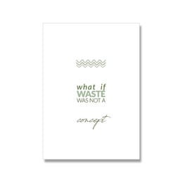 A minimalist poster with the text "what if waste was not a concept?" in a simple green and white design, featuring a wavy pattern. This wall art piece promotes the idea of reducing waste and rethinking the concept of waste.
