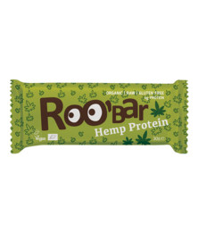 Organic hemp protein bar, green packaging with leaf design, 30g serving size.