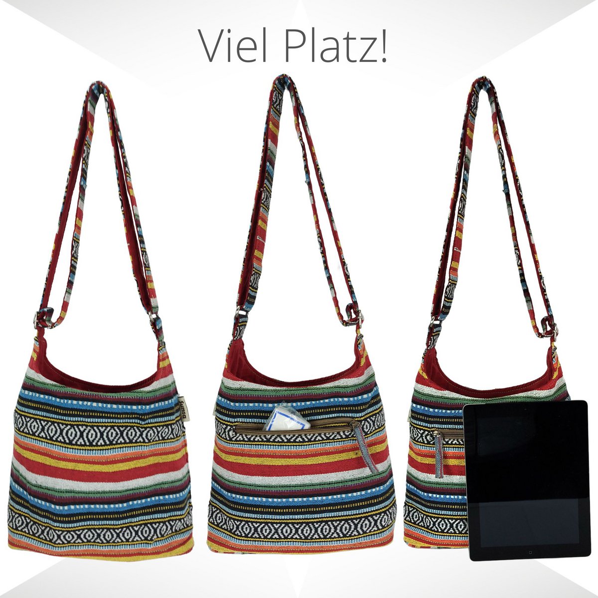 Sac hobo Sunsa. Pochette en coton tissé rayé. Sac à bandoulière pour femme/fille avec poignée réglable. Grand sac en tissu léger avec fermeture zippée.