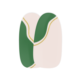 A manicure set with a green and white abstract design, featuring curved shapes and lines.