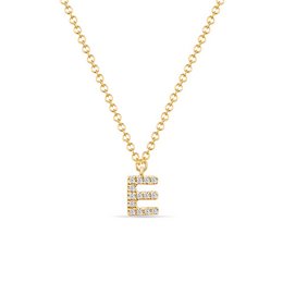 14K yellow gold necklace with diamond-encrusted letter "E" pendant. Elegant and sophisticated design suitable for everyday wear.