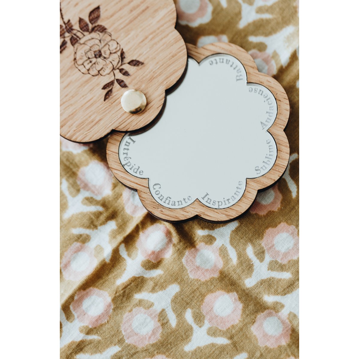 Wooden pocket mirror, engraved with words of self-esteem