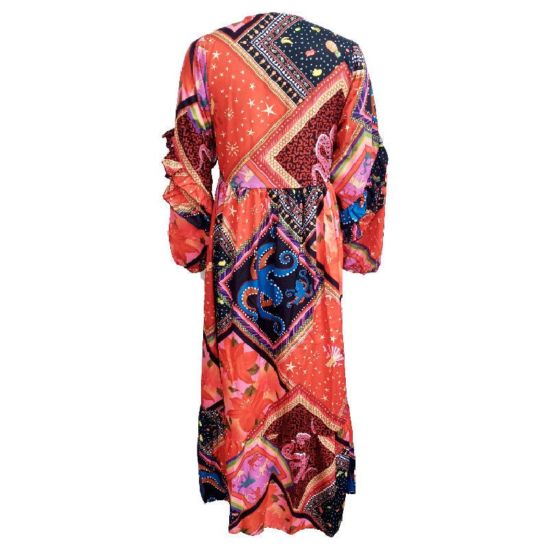 Abito Boho stampato a maniche lunghe con scollo a V da donna