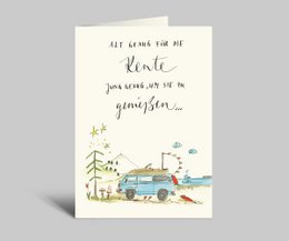 Retirement card with envelope featuring a whimsical illustration of a person relaxing with a cup of coffee and a book. The card is designed for celebrating retirement.