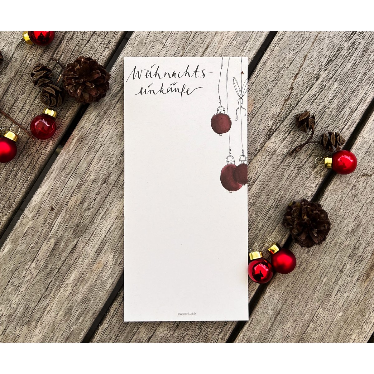 Bloque de nota de la lista de compras | Lista de compras navideñas | Formato DIN (largo) | 99 x 210 mm | no iniciado, blanco