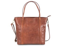 A large, brown leather tote bag with a structured shape and dual top handles. The bag features a zippered main compartment and an adjustable, detachable shoulder strap for versatile carrying options.