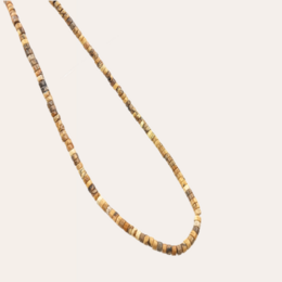 Heishi wood necklace with natural beads in earthy tones, featuring a simple and elegant design suitable for casual or formal wear.