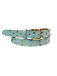A mint green leather belt with gold-tone studs, perfect for adding a touch of edgy style to any outfit.