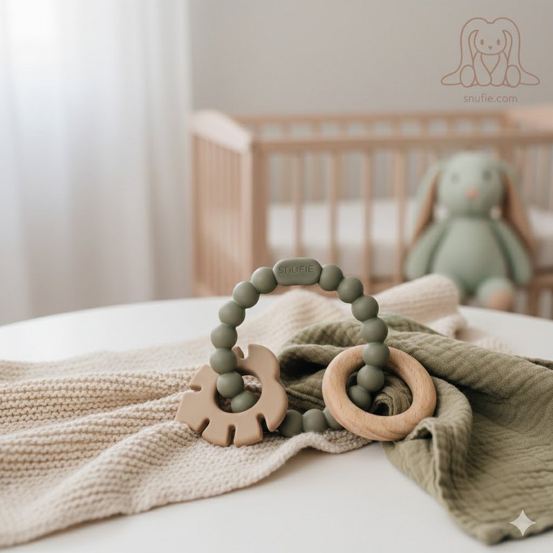 Soft & Hard | Leaf RATTLE Wood & Silicone Teether | Sage & Khaki