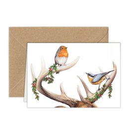 "Birds on Antler Christmas Card, Greeting Card, Holiday Card 12,3 x 17,5 cm"
The image shows a Christmas card featuring two birds perched on an antler wreath. The card has a festive, nature-inspired design with a warm color palette. The card is suitable for the holiday season and can be used as a greeting card or holiday card.