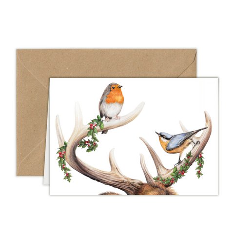 Vogels op gewei kerstkaart, wenskaart, kerstkaart 12,3 x 17,5 cm