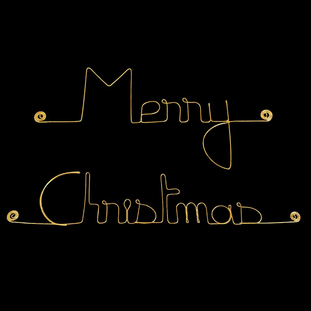 Wanddekoration aus goldenem Messingdraht – Weihnachts-/Neujahrs-/Jahresenddekoration: „Frohe Weihnachten“ – zum Anstecken – Wandschmuck
