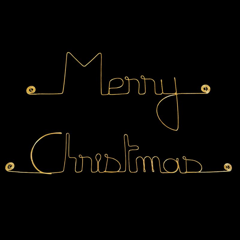 Wanddekoration aus goldenem Messingdraht – Weihnachts-/Neujahrs-/Jahresenddekoration: „Frohe Weihnachten“ – zum Anstecken – Wandschmuck