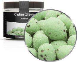 Wasabi-flavored peanuts in a round container. The peanuts are green in color and appear to have a crunchy texture.