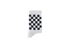 White socks with a black and white checkered pattern, suitable for kids.