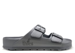 Silver vegan sandals with two adjustable straps and a textured EVA sole for comfort and support.